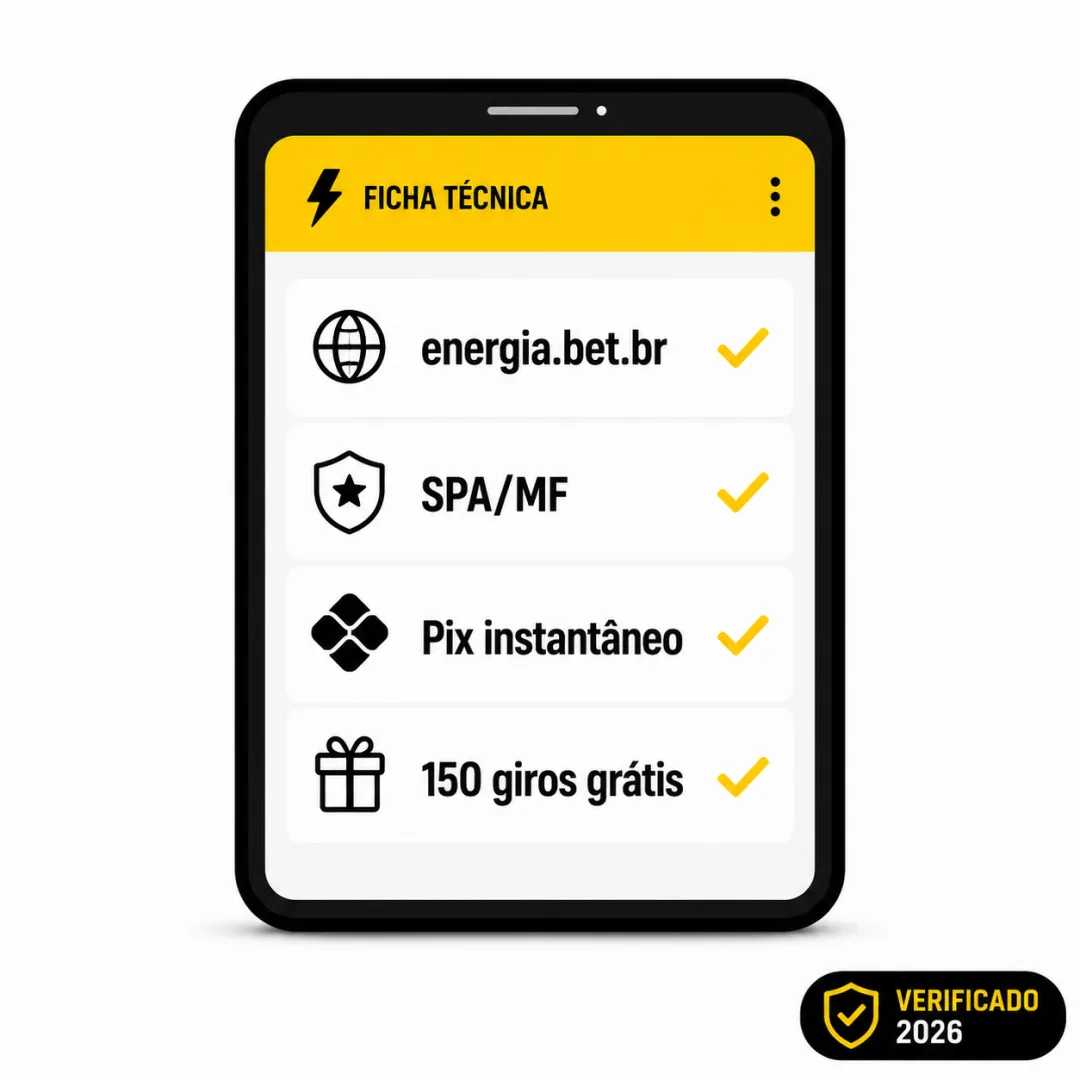 Ficha técnica visual da Energia Bet com Pix, licença SPA/MF e jogos